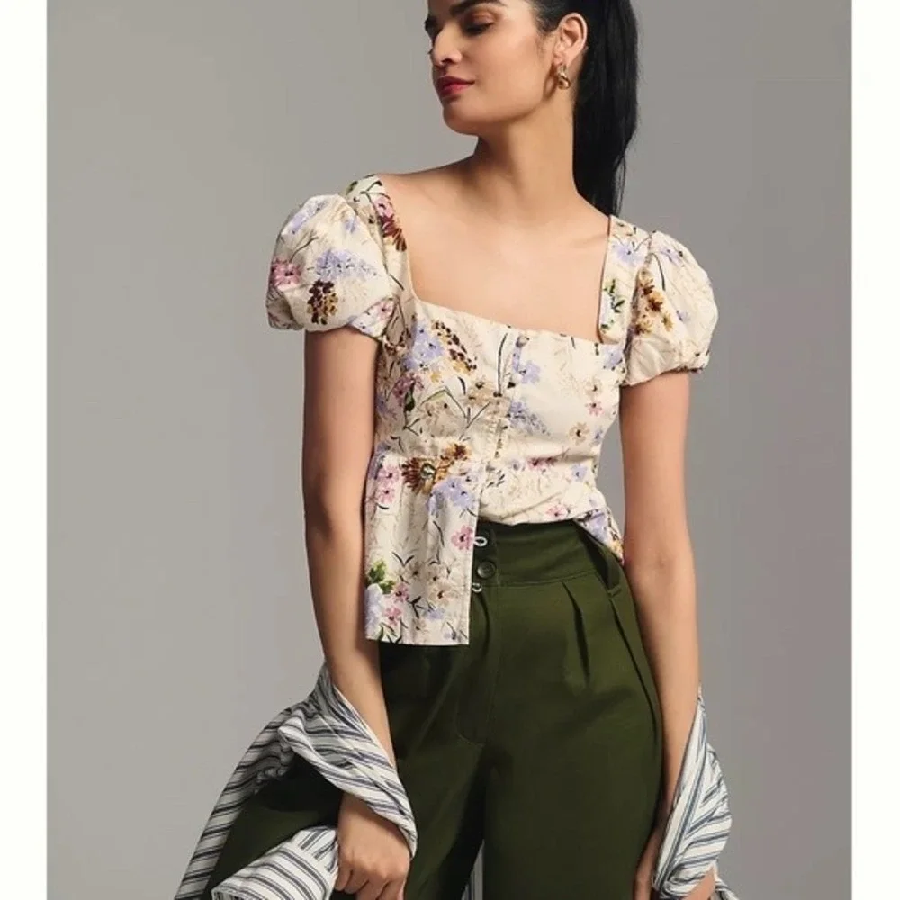 Anthropologie Floral Puff Sleeve Button Front Smocked Back Cotton Top Cream L